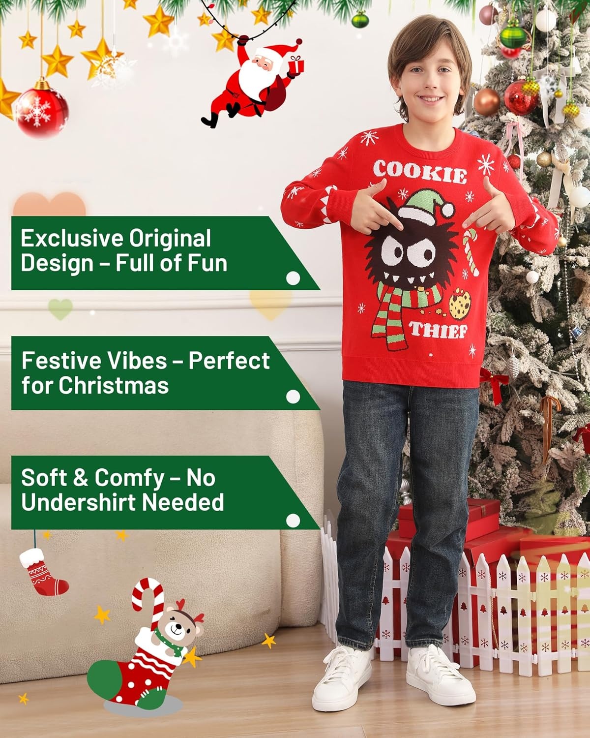 image:imageRunhit Ugly Christmas Sweater for Kids Youth Boys and Girls Funny Crew Neck Xmas Pullover for Holiday Vacation GiftsCookie Thief