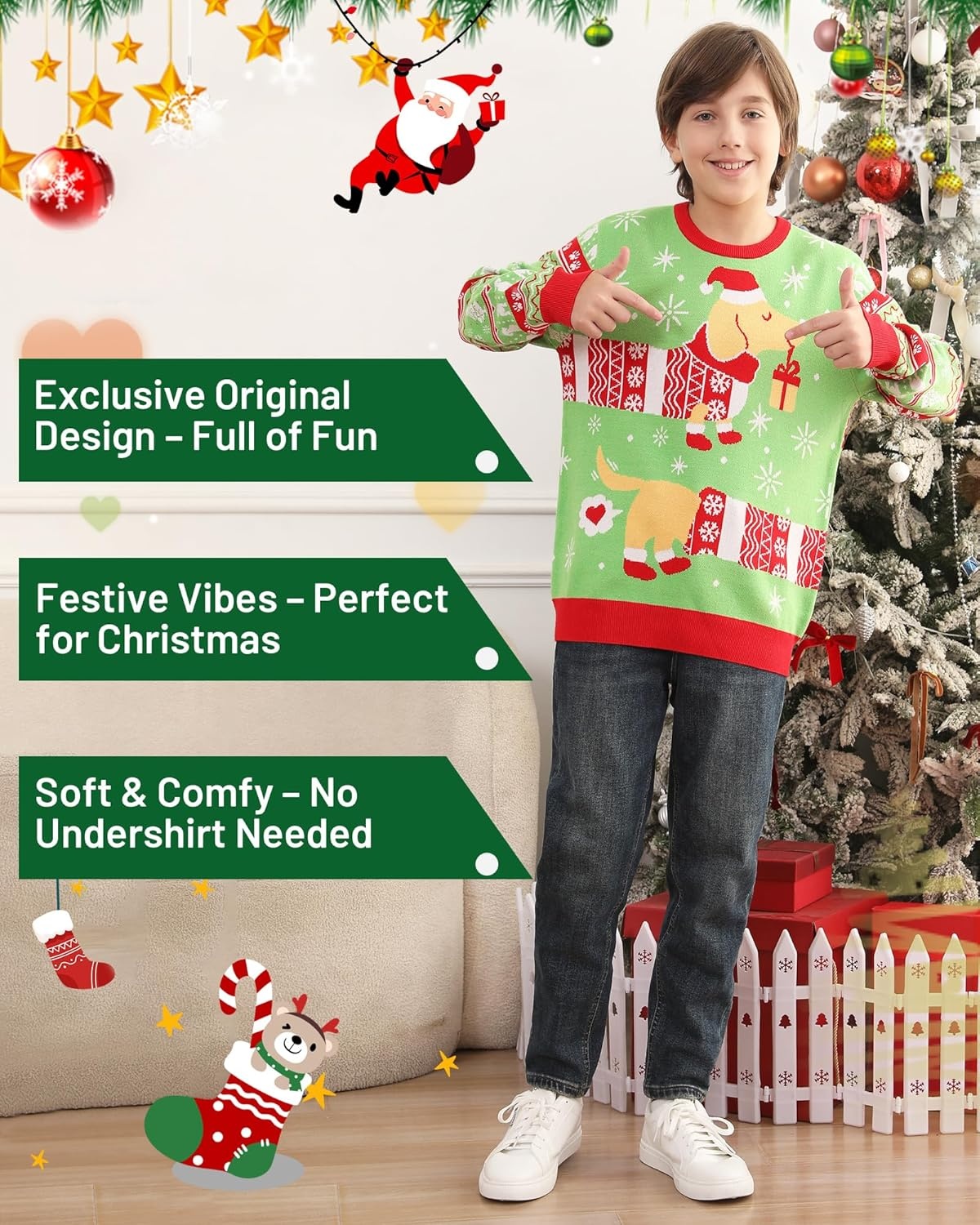 image:imageRunhit Ugly Christmas Sweater for Kids Youth Boys and Girls Funny Crew Neck Xmas Pullover for Holiday Vacation GiftsDachshund