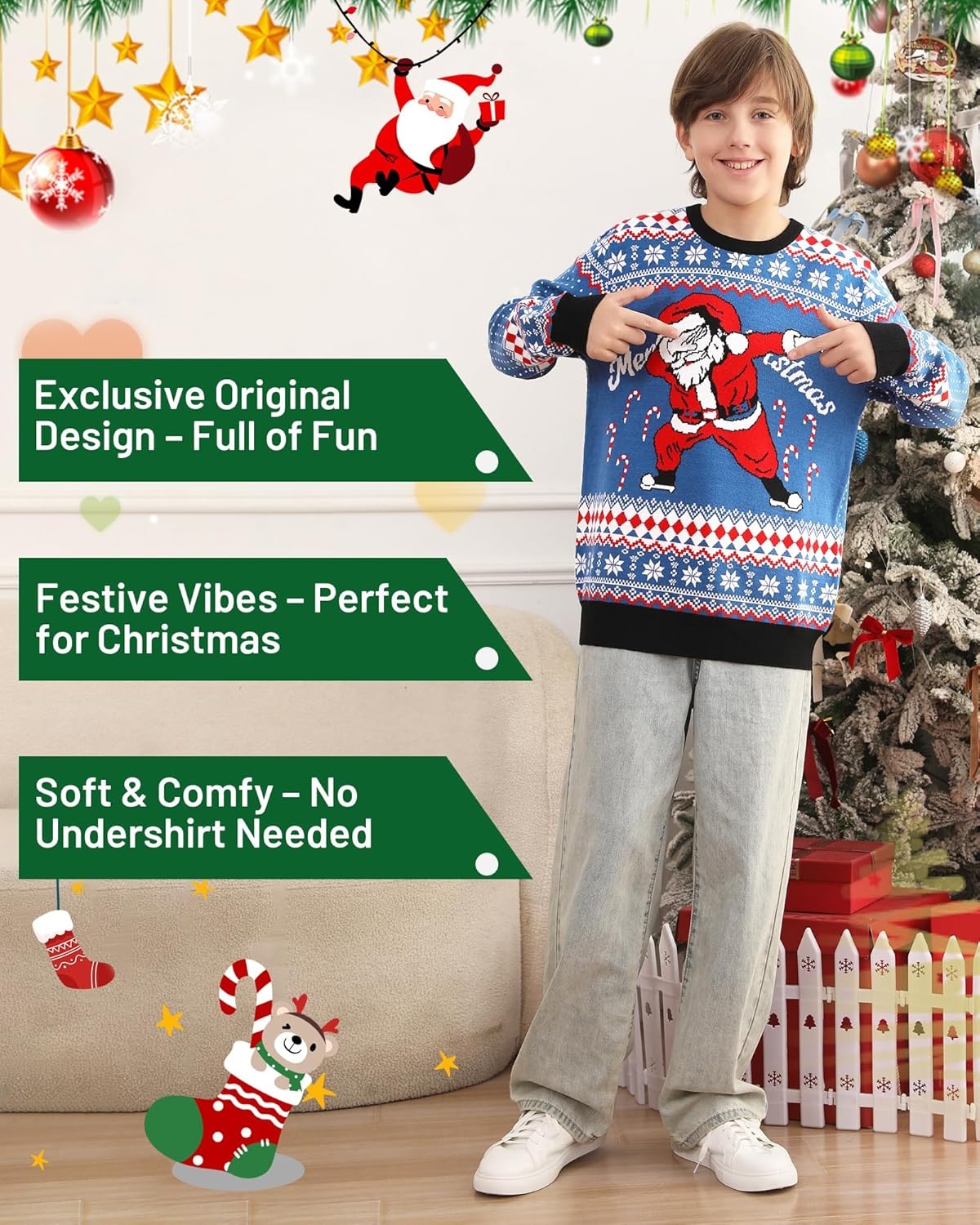 image:imageRunhit Ugly Christmas Sweater for Kids Youth Boys and Girls Funny Crew Neck Xmas Pullover for Holiday Vacation GiftsFunny Santa