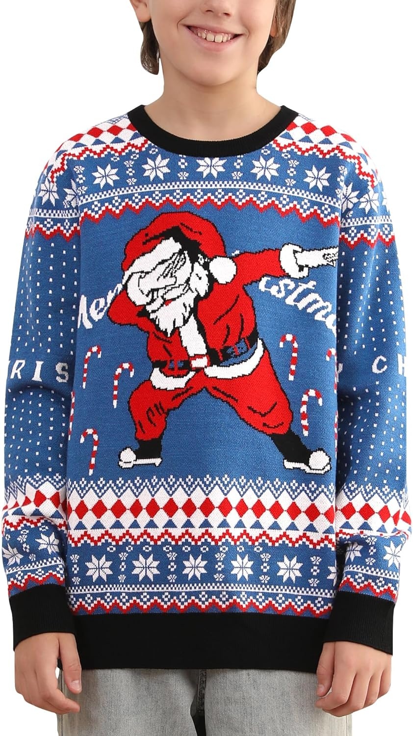 image:imageRunhit Ugly Christmas Sweater for Kids Youth Boys and Girls Funny Crew Neck Xmas Pullover for Holiday Vacation GiftsFunny Santa