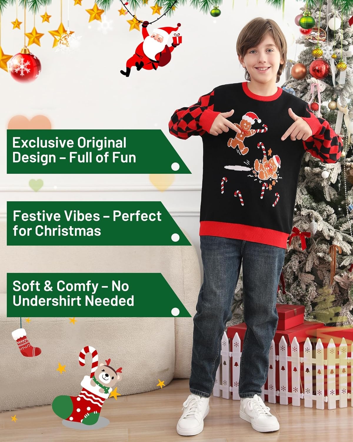 image:imageRunhit Ugly Christmas Sweater for Kids Youth Boys and Girls Funny Crew Neck Xmas Pullover for Holiday Vacation GiftsGingerbread Friends