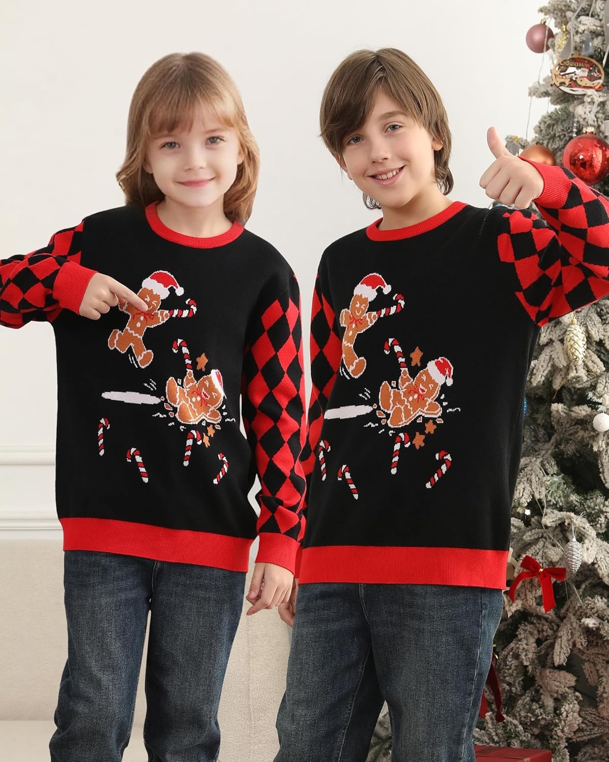 image:imageRunhit Ugly Christmas Sweater for Kids Youth Boys and Girls Funny Crew Neck Xmas Pullover for Holiday Vacation GiftsGingerbread Friends