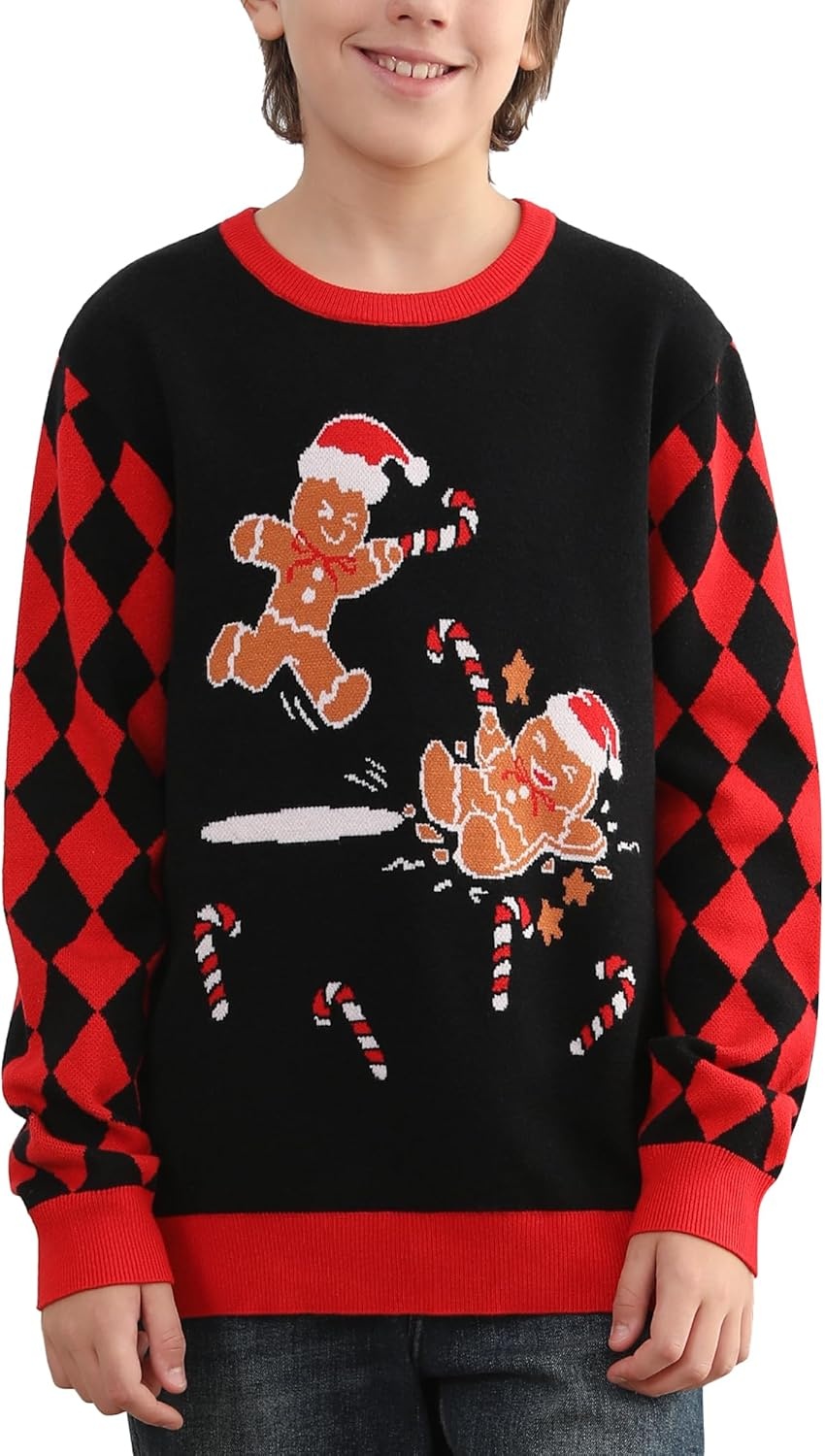 image:imageRunhit Ugly Christmas Sweater for Kids Youth Boys and Girls Funny Crew Neck Xmas Pullover for Holiday Vacation GiftsGingerbread Friends