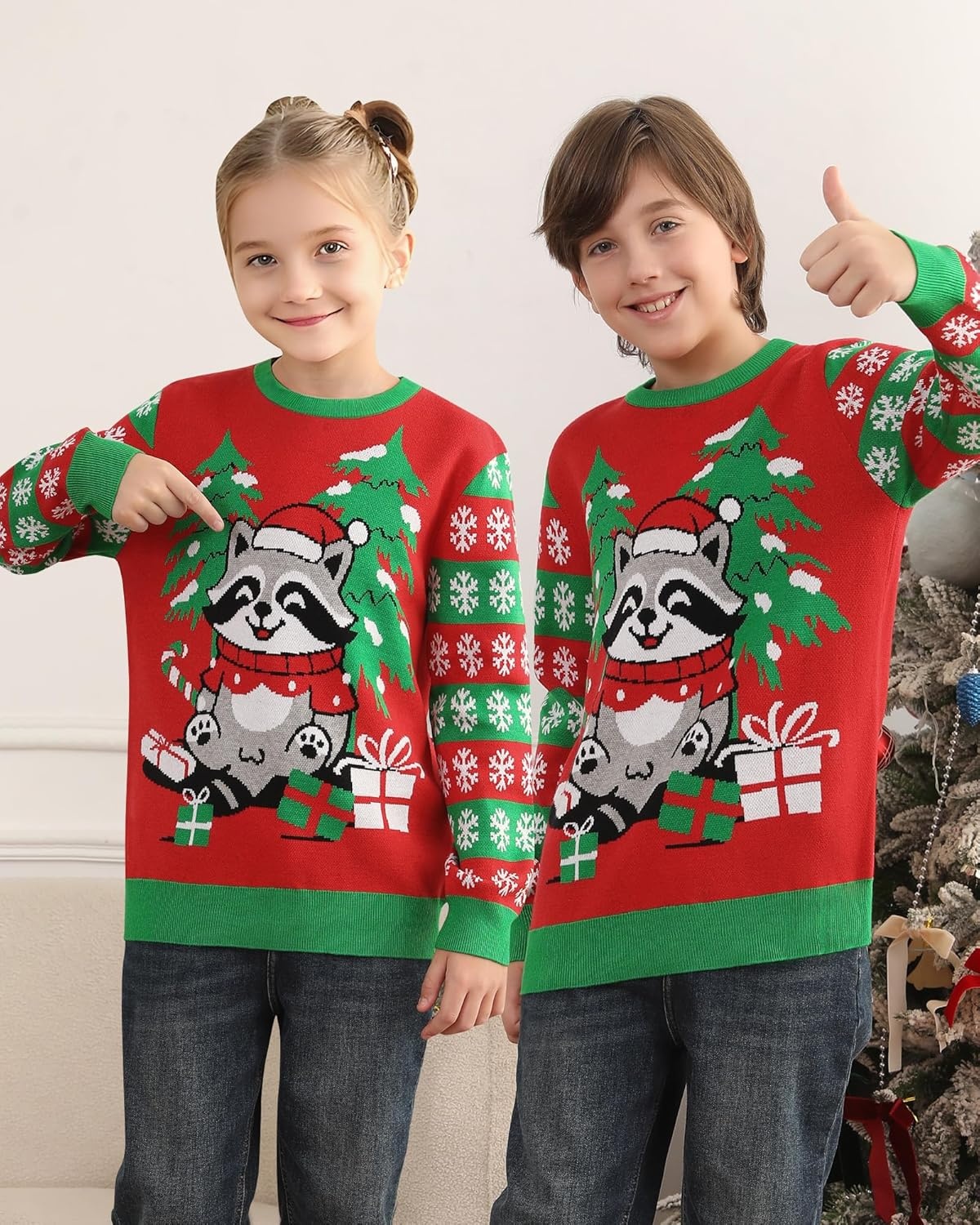 image:imageRunhit Ugly Christmas Sweater for Kids Youth Boys and Girls Funny Crew Neck Xmas Pullover for Holiday Vacation GiftsRaccoon