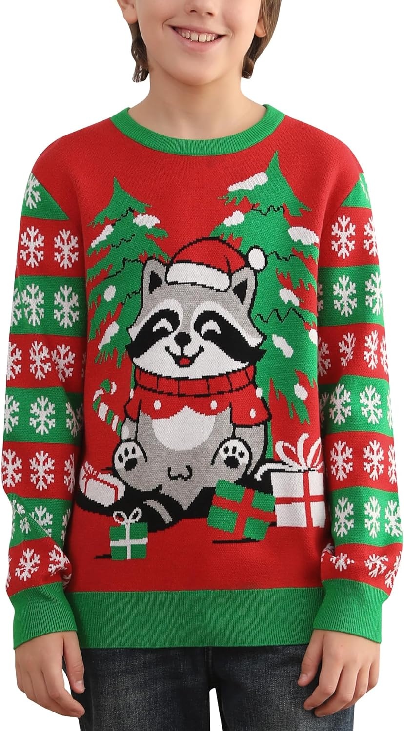 image:imageRunhit Ugly Christmas Sweater for Kids Youth Boys and Girls Funny Crew Neck Xmas Pullover for Holiday Vacation GiftsRaccoon