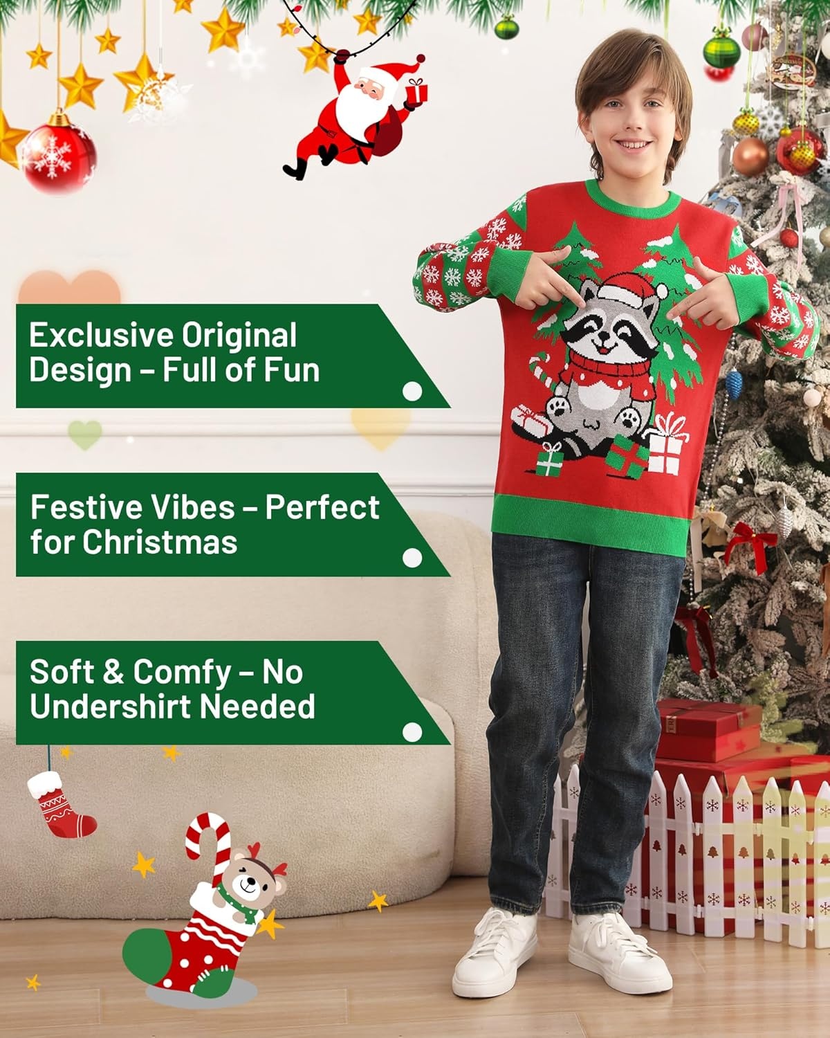 image:imageRunhit Ugly Christmas Sweater for Kids Youth Boys and Girls Funny Crew Neck Xmas Pullover for Holiday Vacation GiftsRaccoon