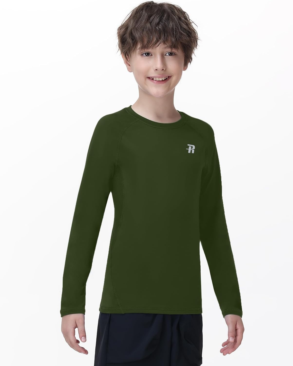 image:imageRunhit Youth Boys Compression Shirt Long Sleeve Kids Football Basketball Undershirt Quick Dry Moisture Wicking Sports TopsArmy Green