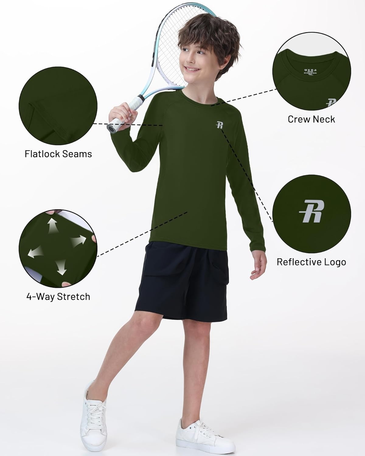 image:imageRunhit Youth Boys Compression Shirt Long Sleeve Kids Football Basketball Undershirt Quick Dry Moisture Wicking Sports TopsArmy Green