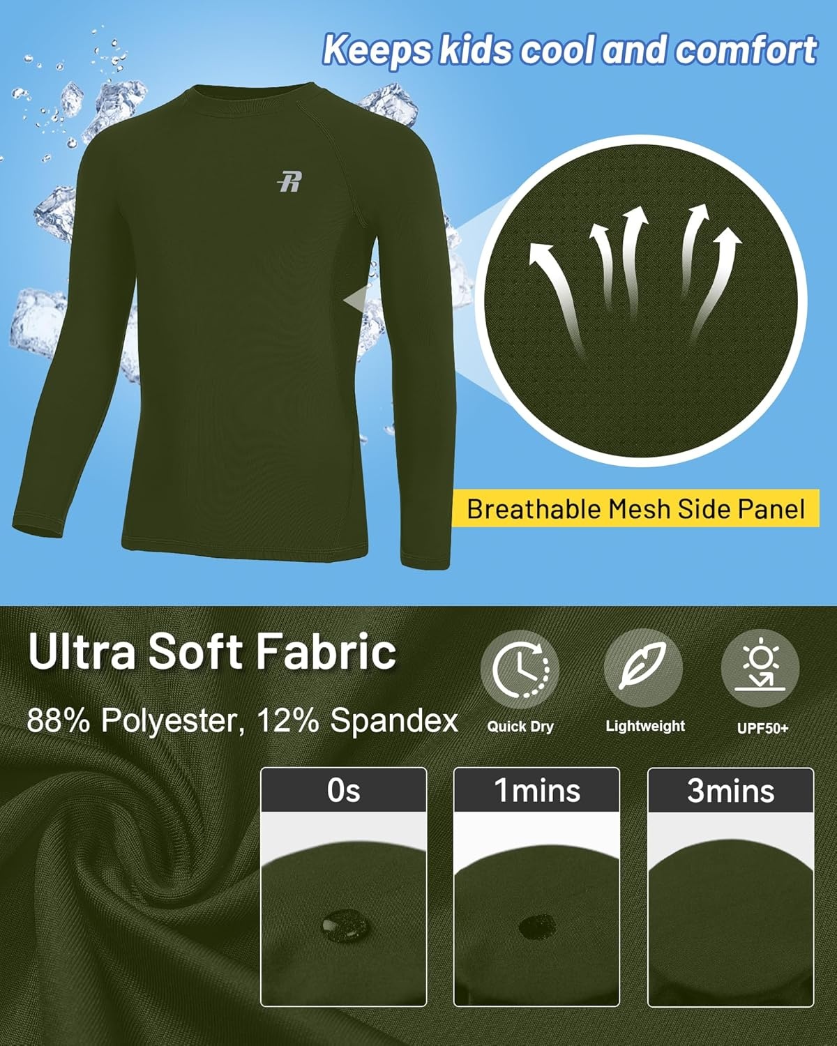 image:imageRunhit Youth Boys Compression Shirt Long Sleeve Kids Football Basketball Undershirt Quick Dry Moisture Wicking Sports TopsArmy Green