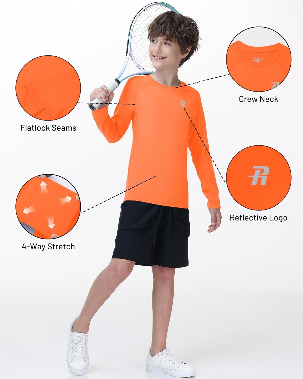 image:imageRunhit Youth Boys Compression Shirt Long Sleeve Kids Football Basketball Undershirt Quick Dry Moisture Wicking Sports TopsFluorescent Orange