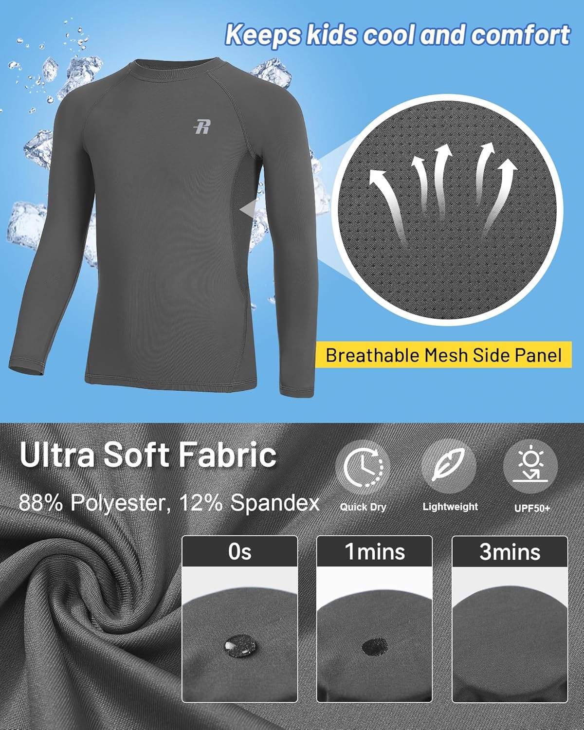 image:imageRunhit Youth Boys Compression Shirt Long Sleeve Kids Football Basketball Undershirt Quick Dry Moisture Wicking Sports TopsGray