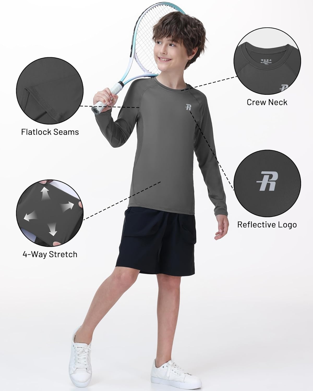 image:imageRunhit Youth Boys Compression Shirt Long Sleeve Kids Football Basketball Undershirt Quick Dry Moisture Wicking Sports TopsGray