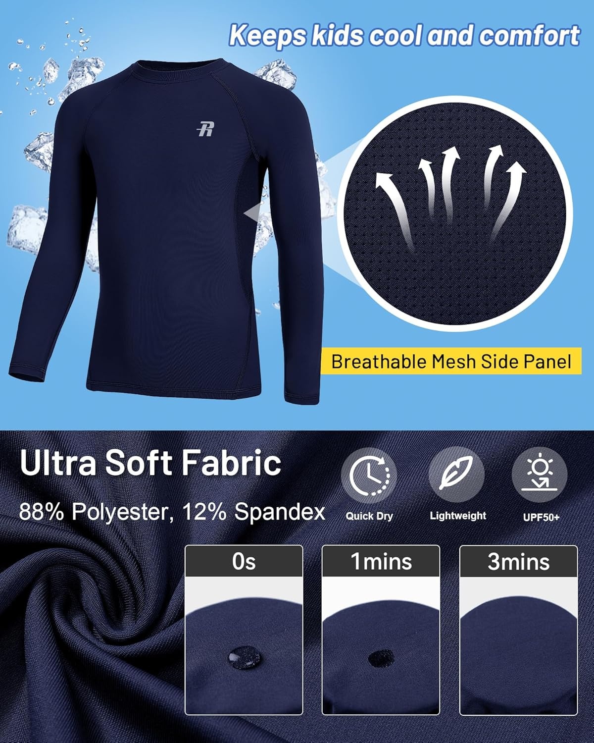 image:imageRunhit Youth Boys Compression Shirt Long Sleeve Kids Football Basketball Undershirt Quick Dry Moisture Wicking Sports TopsNavy Blue