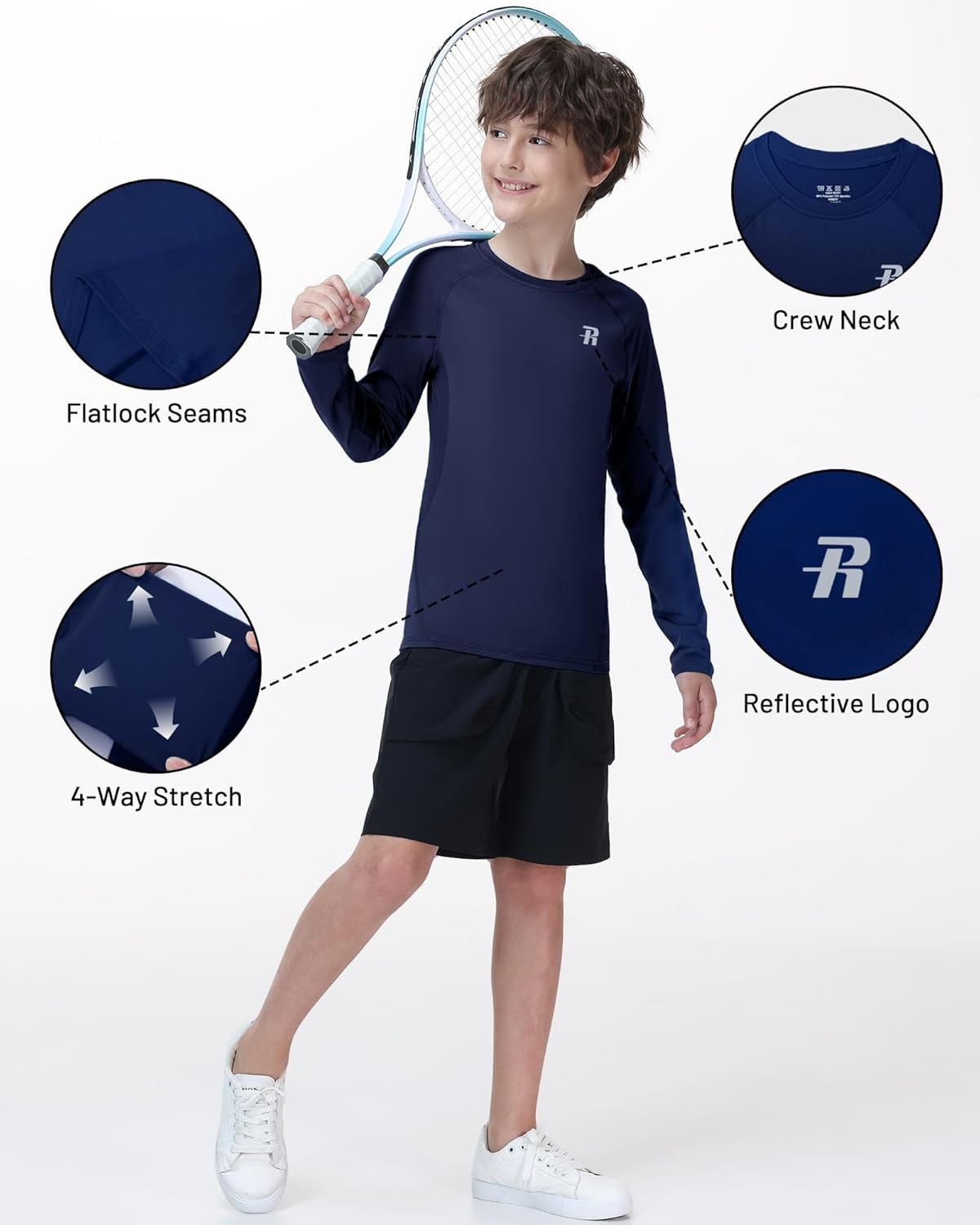 image:imageRunhit Youth Boys Compression Shirt Long Sleeve Kids Football Basketball Undershirt Quick Dry Moisture Wicking Sports TopsNavy Blue
