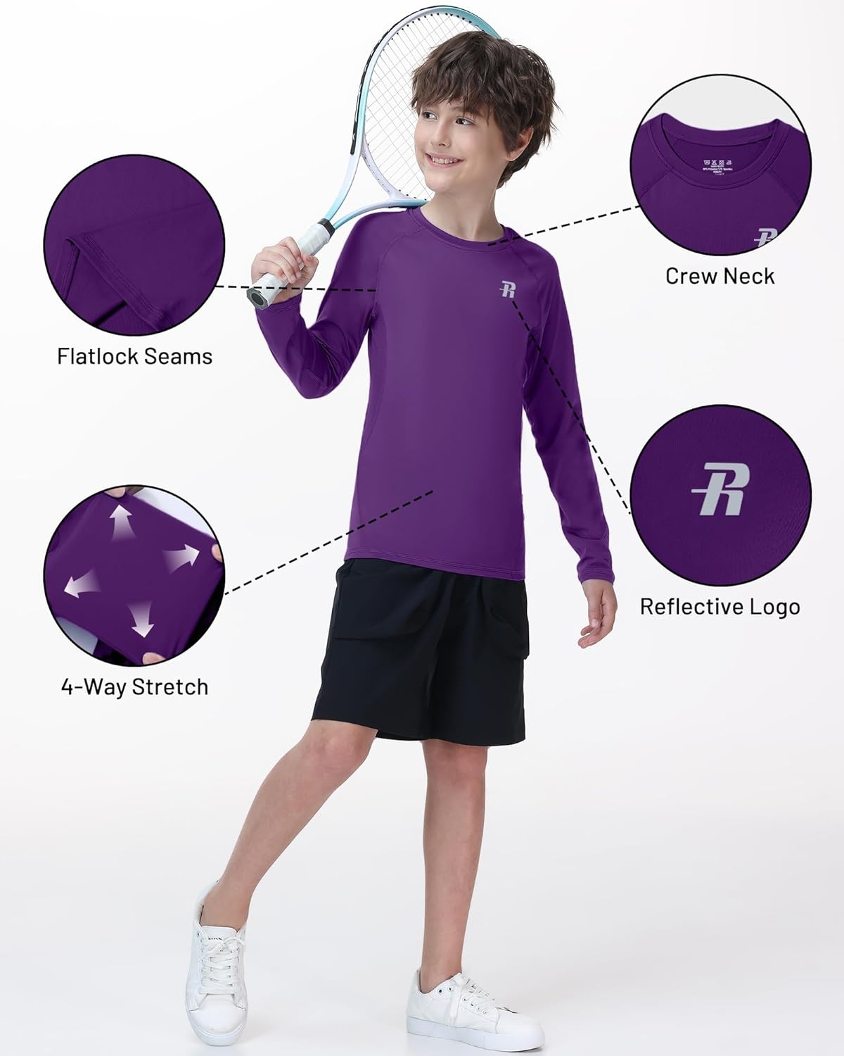 image:imageRunhit Youth Boys Compression Shirt Long Sleeve Kids Football Basketball Undershirt Quick Dry Moisture Wicking Sports TopsPurple