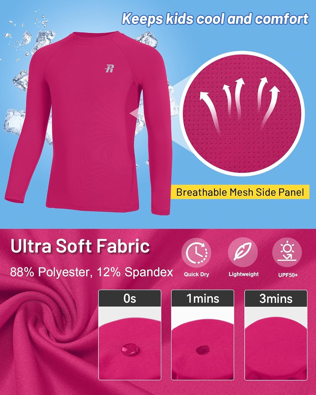 image:imageRunhit Youth Boys Compression Shirt Long Sleeve Kids Football Basketball Undershirt Quick Dry Moisture Wicking Sports TopsRose Red