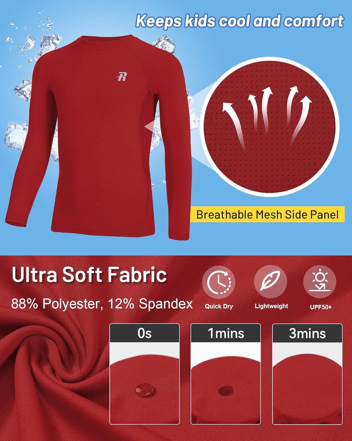 image:imageRunhit Youth Boys Compression Shirt Long Sleeve Kids Football Basketball Undershirt Quick Dry Moisture Wicking Sports TopsTomato Red