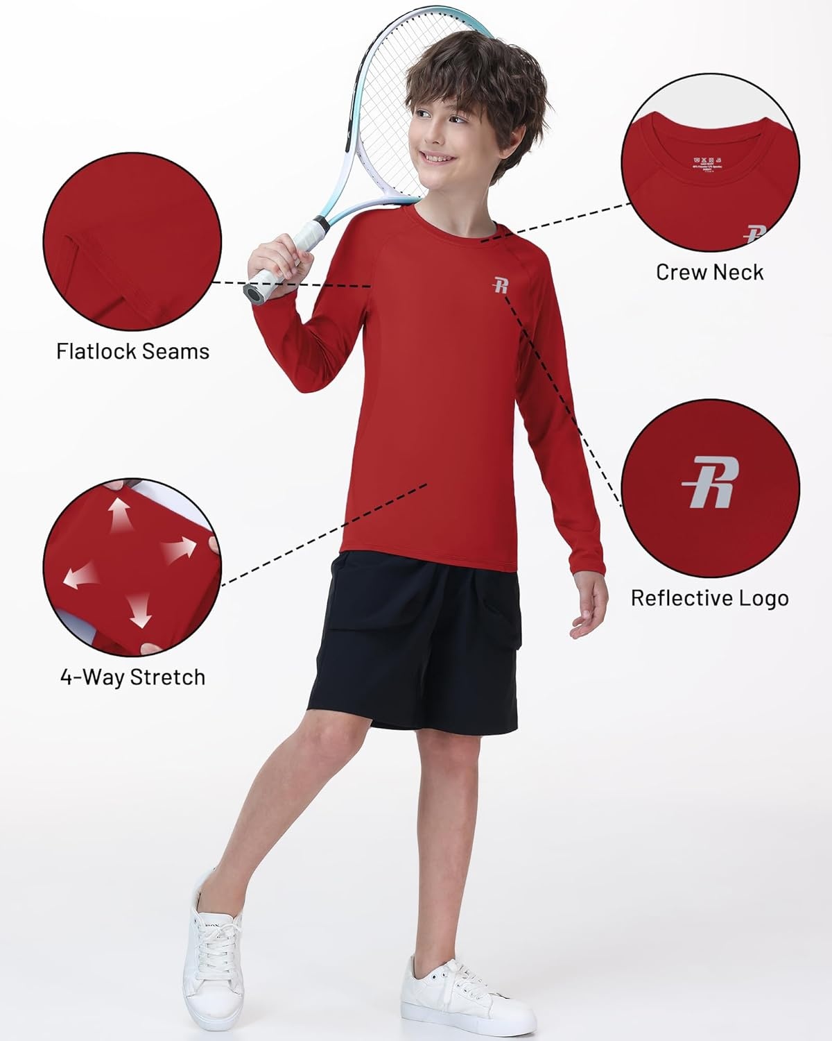 image:imageRunhit Youth Boys Compression Shirt Long Sleeve Kids Football Basketball Undershirt Quick Dry Moisture Wicking Sports TopsTomato Red