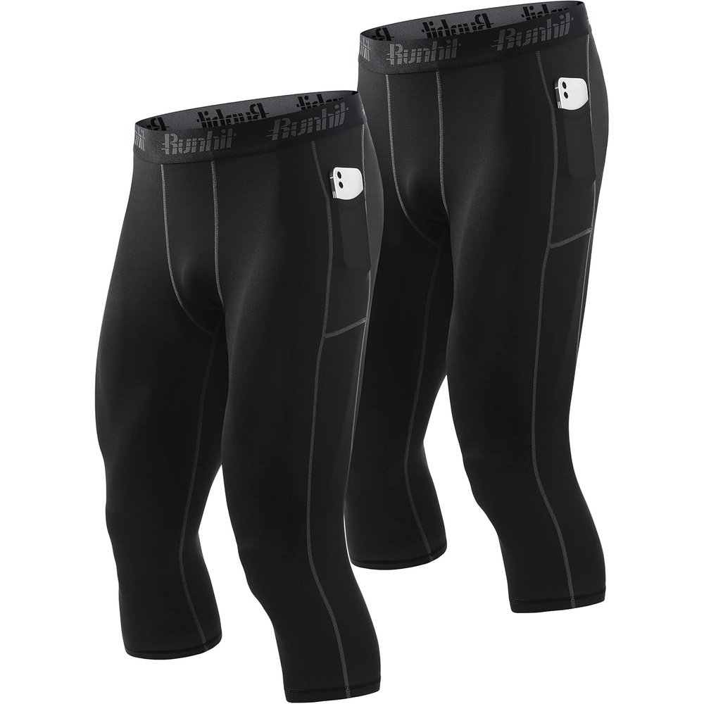 image:imageRunhit 34 Mens Compression Pants with PocketsWorkout Athletic Tights Leggings Athletic Base Layer Underwear2 Pack 34 Pants Pocket Black 1