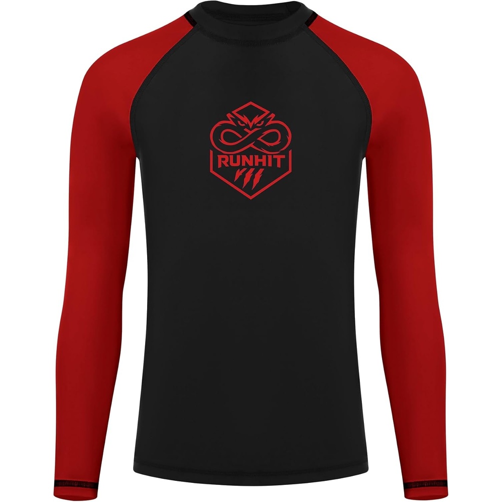 image:imageRunhit Boys BJJ Rash Guard Long Sleeve Kids Jiu Jitsu No Gi Youth Compression Shirts for Training MMA Wrestling Boxing UPF50Black With Bright Red