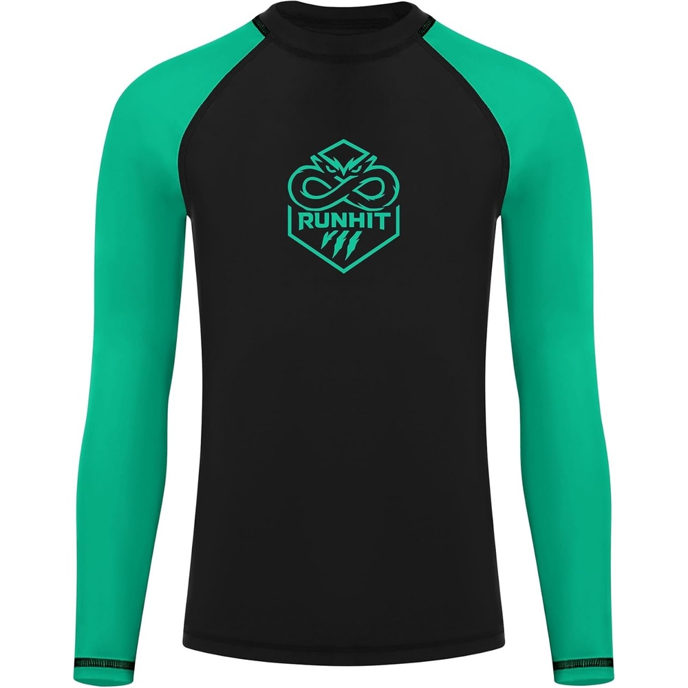 image:imageRunhit Boys BJJ Rash Guard Long Sleeve Kids Jiu Jitsu No Gi Youth Compression Shirts for Training MMA Wrestling Boxing UPF50Black With Green