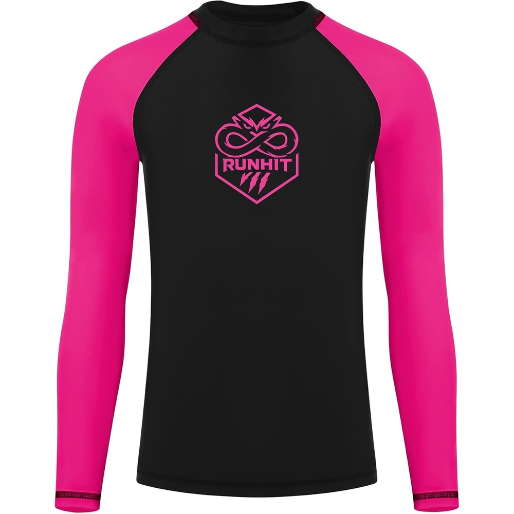 image:imageRunhit Boys BJJ Rash Guard Long Sleeve Kids Jiu Jitsu No Gi Youth Compression Shirts for Training MMA Wrestling Boxing UPF50Black With Hot Pink