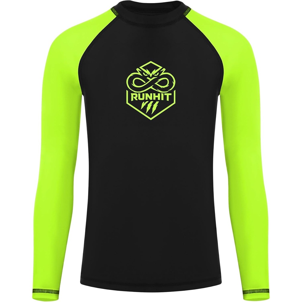 image:imageRunhit Boys BJJ Rash Guard Long Sleeve Kids Jiu Jitsu No Gi Youth Compression Shirts for Training MMA Wrestling Boxing UPF50Black With Neon Green