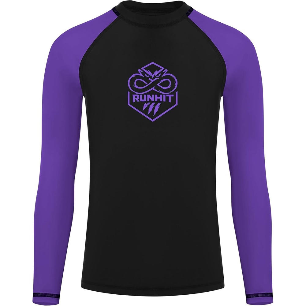 image:imageRunhit Boys BJJ Rash Guard Long Sleeve Kids Jiu Jitsu No Gi Youth Compression Shirts for Training MMA Wrestling Boxing UPF50Black With Purple