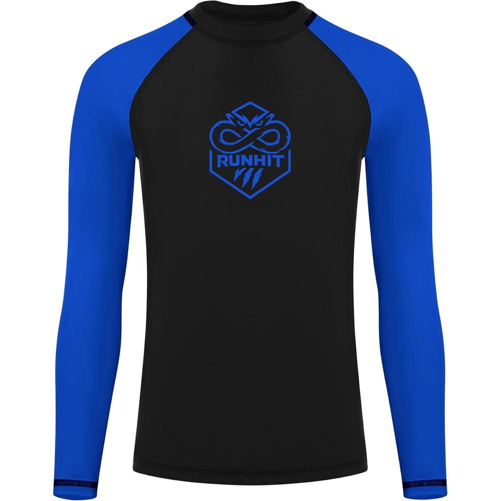 image:imageRunhit Boys BJJ Rash Guard Long Sleeve Kids Jiu Jitsu No Gi Youth Compression Shirts for Training MMA Wrestling Boxing UPF50Black With Royal Blue