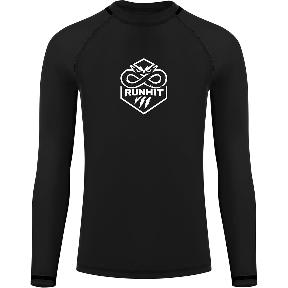 image:imageRunhit Boys BJJ Rash Guard Long Sleeve Kids Jiu Jitsu No Gi Youth Compression Shirts for Training MMA Wrestling Boxing UPF50Solid Black