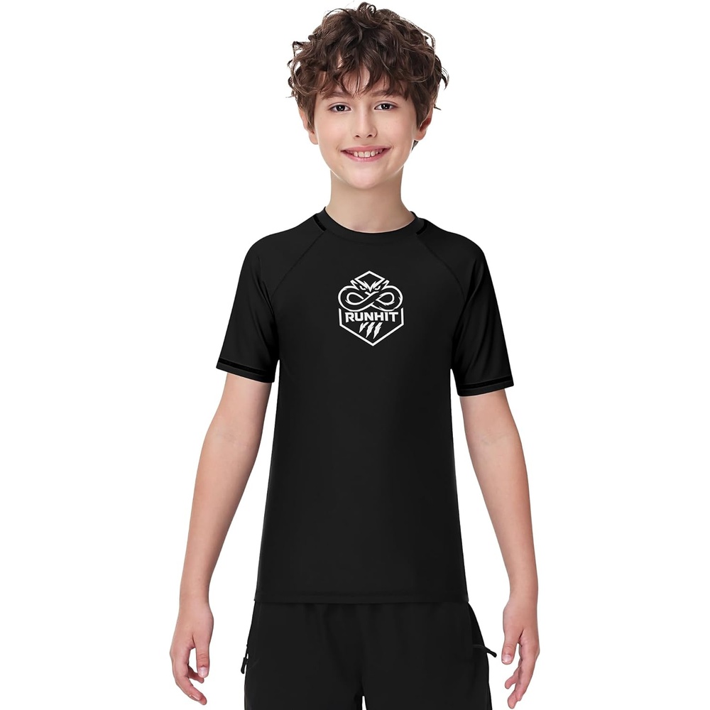 image:imageRunhit Boys BJJ Rash Guard Short Sleeve Kids Jiu Jitsu No Gi Youth Compression Shirts for Training MMA Wrestling Boxing UPF50Black