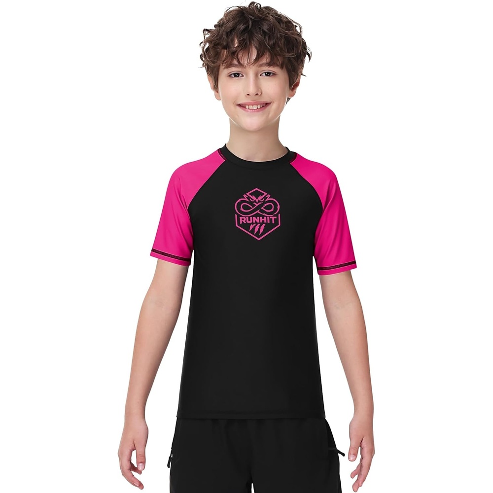 image:imageRunhit Boys BJJ Rash Guard Short Sleeve Kids Jiu Jitsu No Gi Youth Compression Shirts for Training MMA Wrestling Boxing UPF50Hot Pink