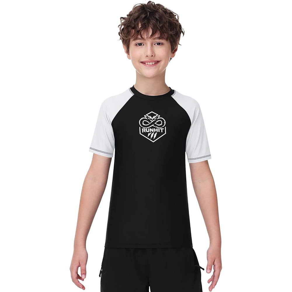 image:imageRunhit Boys BJJ Rash Guard Short Sleeve Kids Jiu Jitsu No Gi Youth Compression Shirts for Training MMA Wrestling Boxing UPF50White