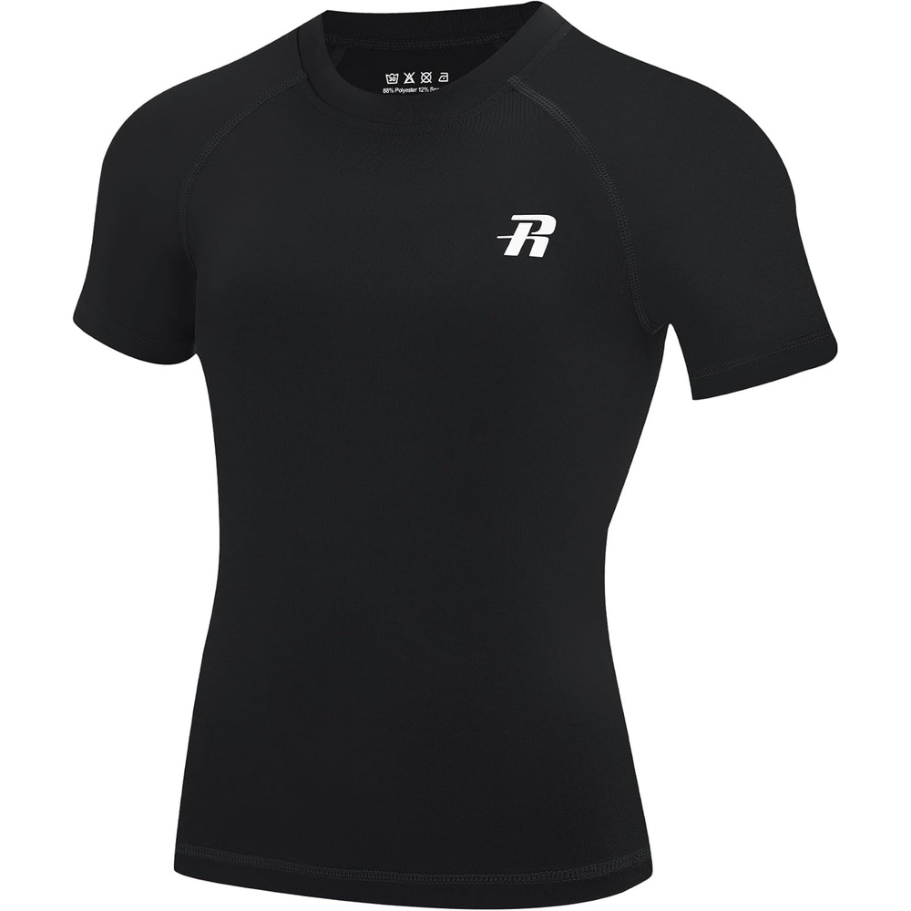 image:imageRunhit Boys Compression Shirt Short Sleeve Youth Basketball Undershirt Kids Quick Dry Athletic Base Layer TShirt1 Pack Black