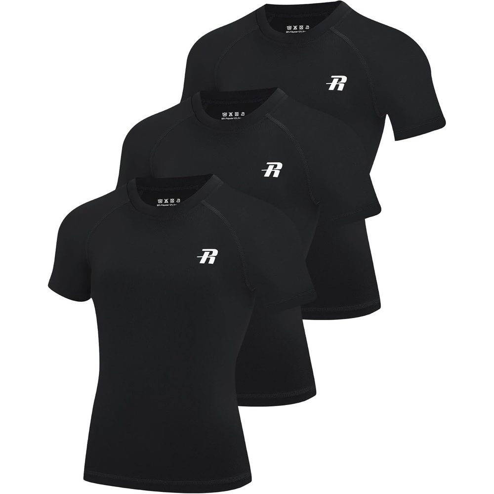 image:imageRunhit Boys Compression Shirt Short Sleeve Youth Basketball Undershirt Kids Quick Dry Athletic Base Layer TShirt3 Pack Blackblackblack