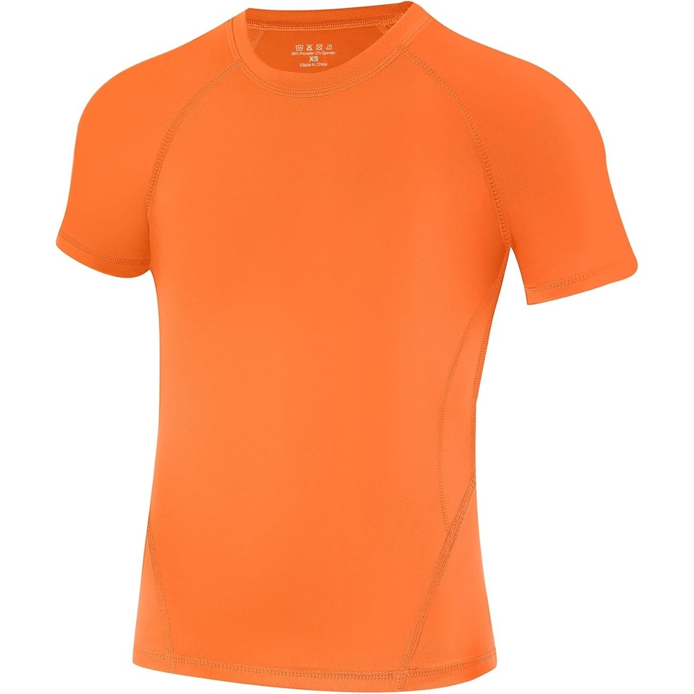 image:imageRunhit Boys Compression Shirt Short Sleeve Youth Football Basketball Undershirt Kids Athletic Quick Dry Base Layer TShirtNeon Orange