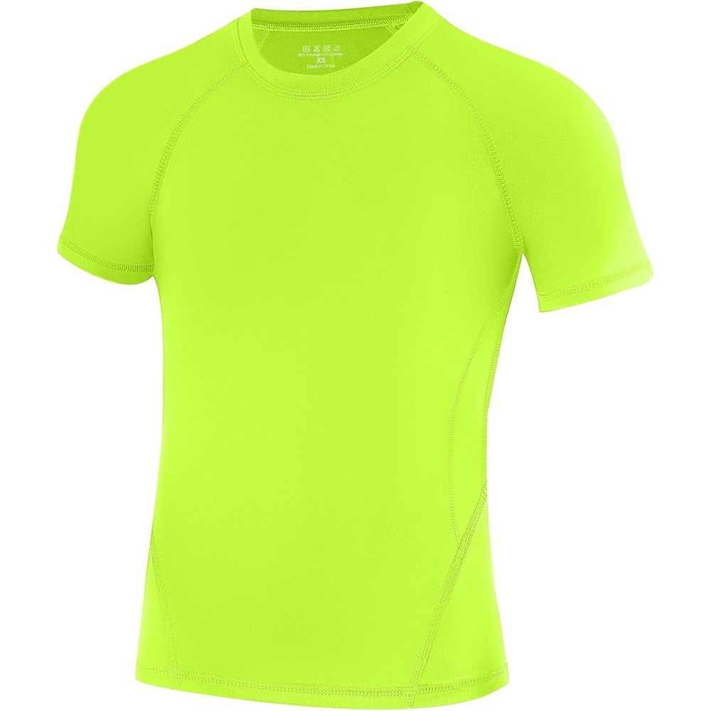 image:imageRunhit Boys Compression Shirt Short Sleeve Youth Football Basketball Undershirt Kids Athletic Quick Dry Base Layer TShirtNeon Yellow