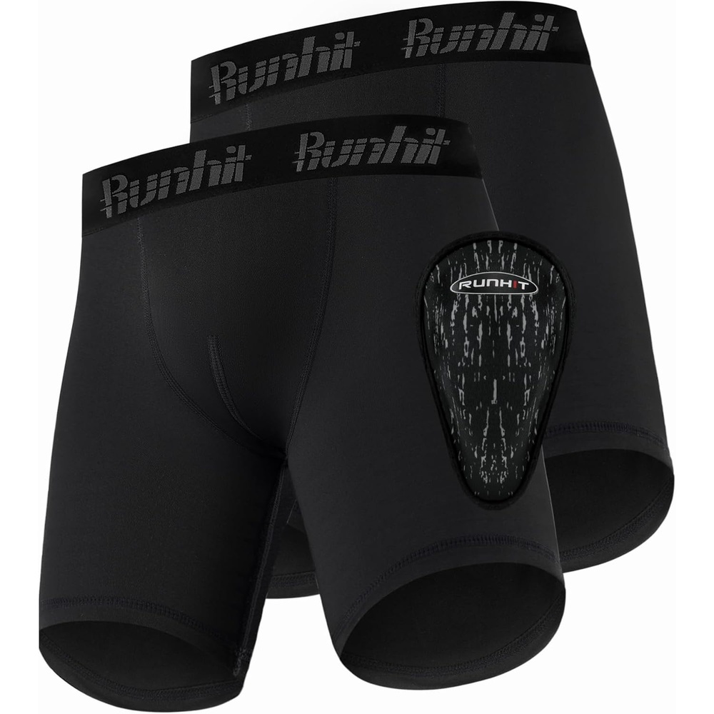 image:imageRunhit Boys Cup Underwear for Baseball Football Youth Compression Shorts with Soft Protective Athletic Cup Boxer Brief2 Pack Black