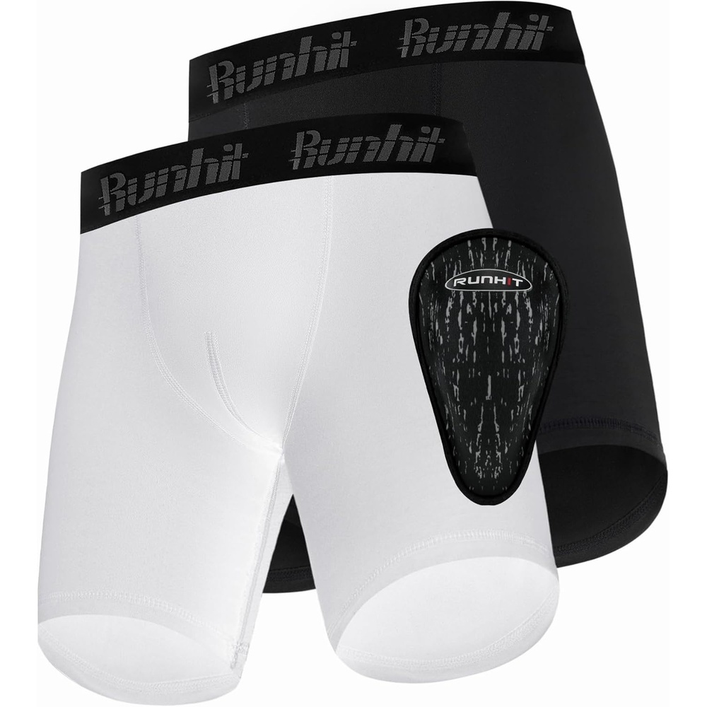 image:imageRunhit Boys Cup Underwear for Baseball Football Youth Compression Shorts with Soft Protective Athletic Cup Boxer Brief2 Pack Black White