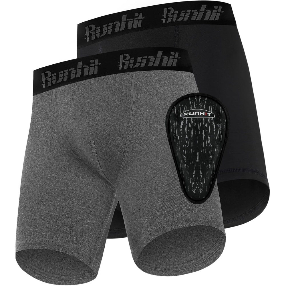 image:imageRunhit Boys Cup Underwear for Baseball Football Youth Compression Shorts with Soft Protective Athletic Cup Boxer BriefBlackdark Gray