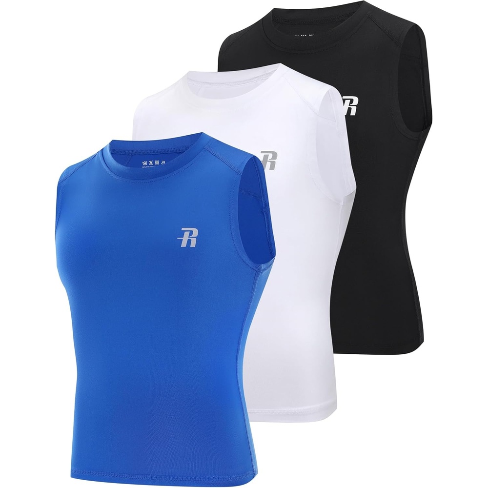 image:imageRunhit Boys Sleeveless Compression Shirt Kids Athletic Tank Tops Youth Quick Dry Undershirt for Football BasketballBlack White Blue