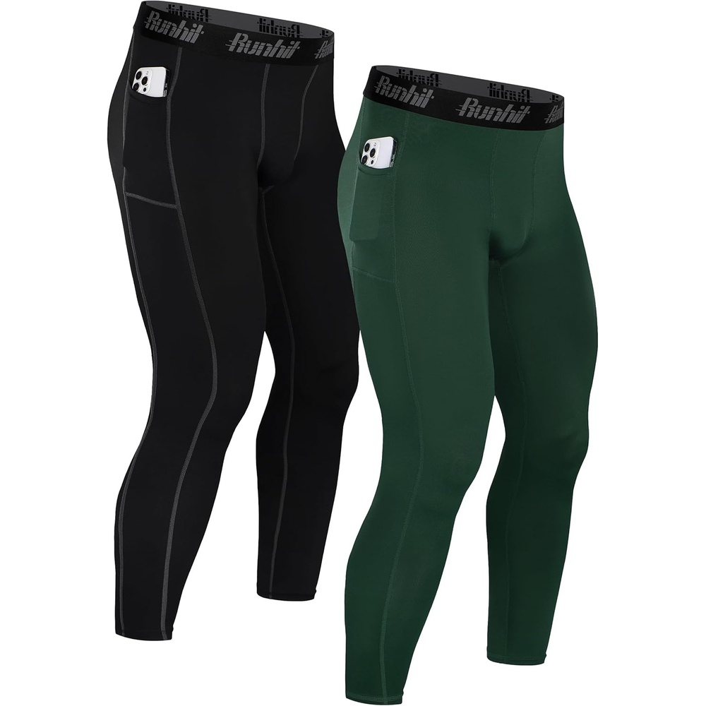 image:imageRunhit Compression Pants Men Running Tights Leggings Athletic Workout Gym Pants2 Pack With Pocket Black Green