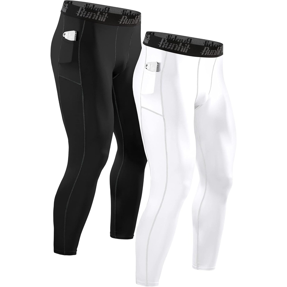 image:imageRunhit Compression Pants Men Running Tights Leggings Athletic Workout Gym Pants2 Pack With Pocket Black White