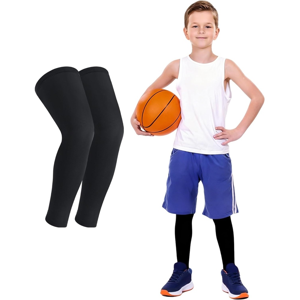 image:imageRunhit Kids Basketball Leg Sleeve Youth Long Compression Leg Sleeves Full Length UV Protection for Soccer Football1 Pairs Black
