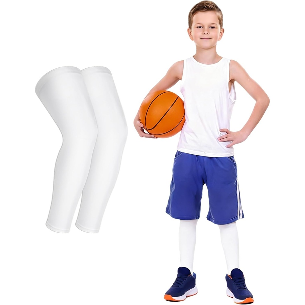image:imageRunhit Kids Basketball Leg Sleeve Youth Long Compression Leg Sleeves Full Length UV Protection for Soccer Football1 Pairs White