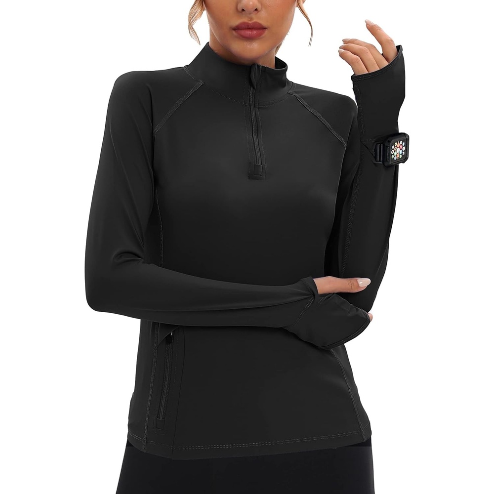 image:imageRunhit Long Sleeve Golf Shirts Women Zip Pullover UPF 50 Sun Shirts Quick Dry Hiking Tennis Running Shirts Workout TopsBlack