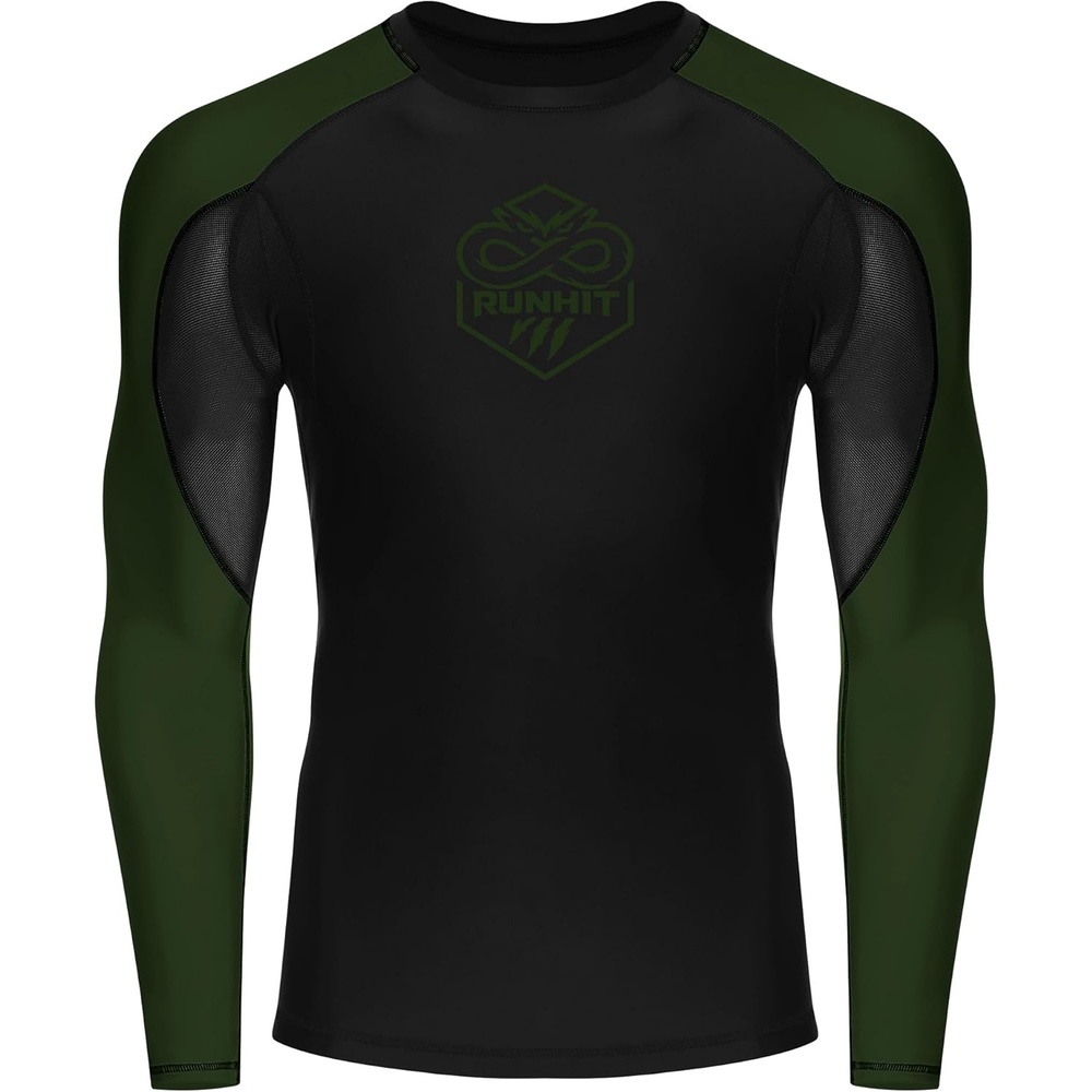 image:imageRunhit Mens BJJ Rash Guard Jiu Jitsu Compression Shirts Long Sleeve for MMA No GI Wrestling Grappling Sports Base LayerArmy Green
