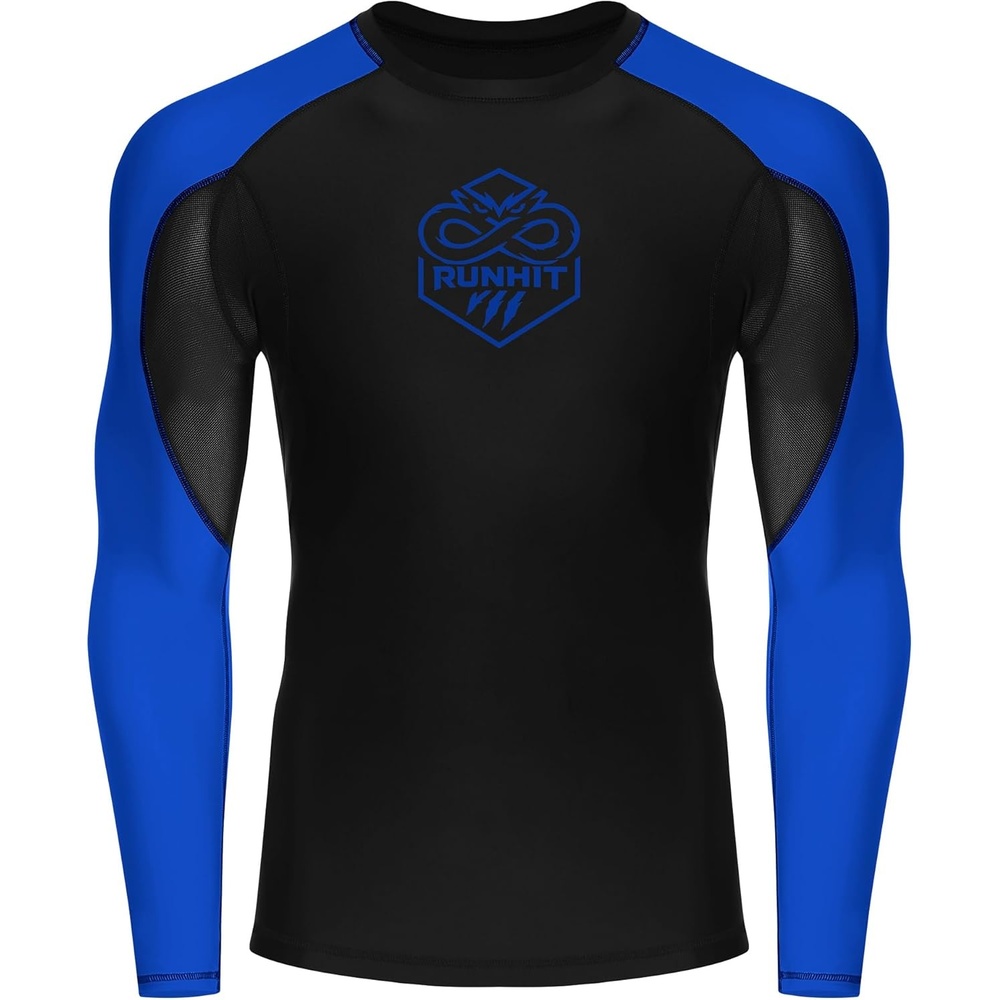 image:imageRunhit Mens BJJ Rash Guard Jiu Jitsu Compression Shirts Long Sleeve for MMA No GI Wrestling Grappling Sports Base LayerBlue