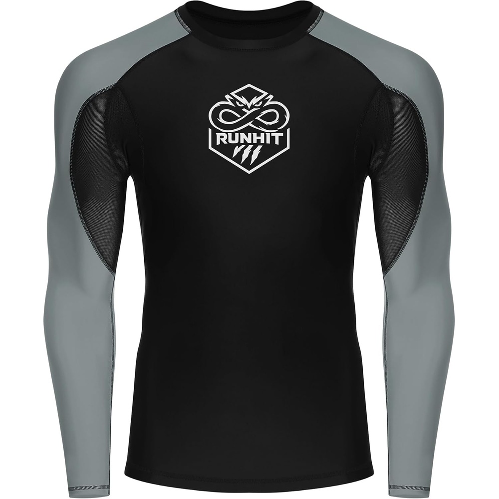 image:imageRunhit Mens BJJ Rash Guard Jiu Jitsu Compression Shirts Long Sleeve for MMA No GI Wrestling Grappling Sports Base LayerGray