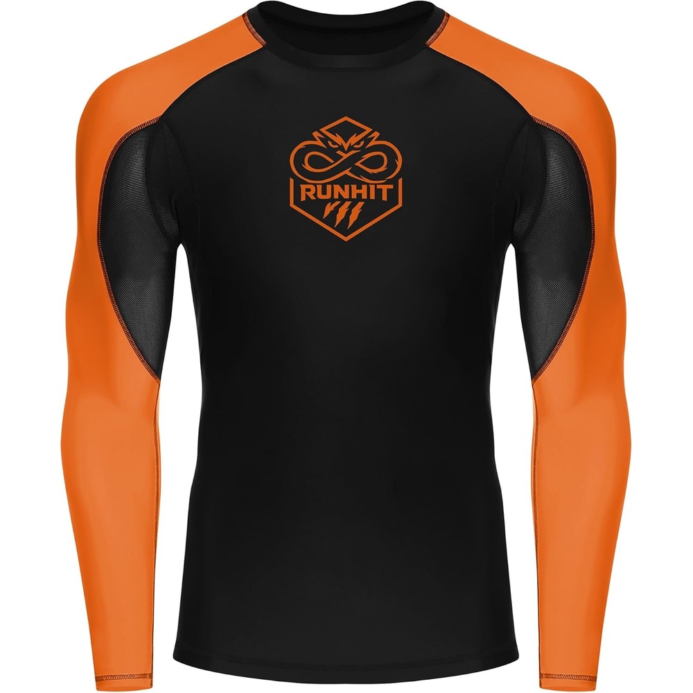 image:imageRunhit Mens BJJ Rash Guard Jiu Jitsu Compression Shirts Long Sleeve for MMA No GI Wrestling Grappling Sports Base LayerOrange